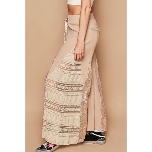 POL Mocha Latte Stretch Knit Lace Panel Wide Leg Pants - Picture 8 of 14